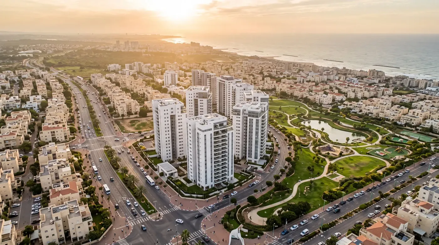 צילום אוויר שמראה את מיקום הפרויקט ביחס לכביש, לפארק ולים