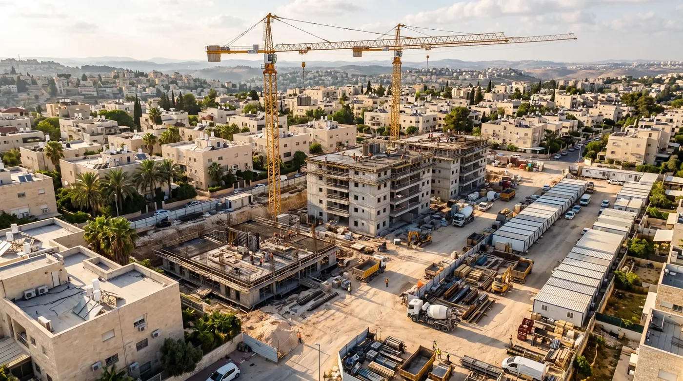 מתחם עם שני בניינים בשלבי בנייה שונים ושני מנופים