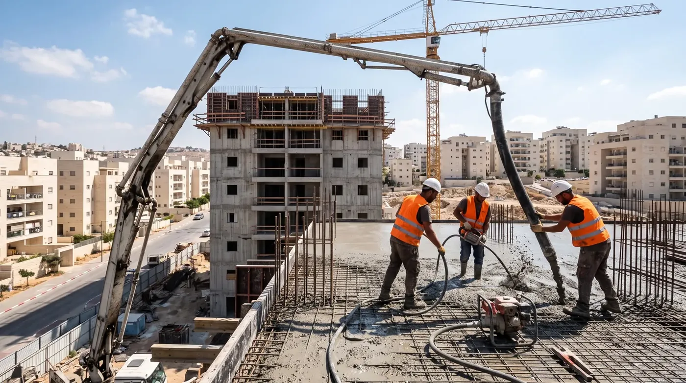 יציקת בטון עם משאבה על רצפת בניין בבנייה