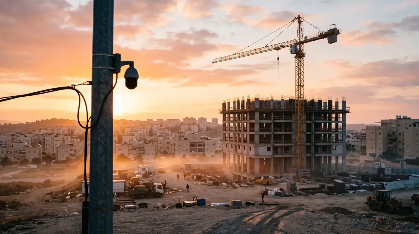מצלמת אתר על תורן על רקע זריחה