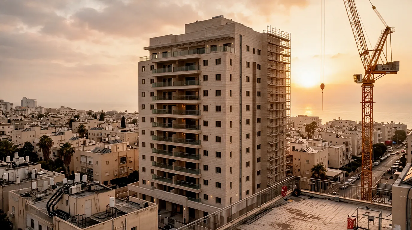 בניין מגורים לקראת סיום בשעת השקיעה, עם הפיגומים האחרונים