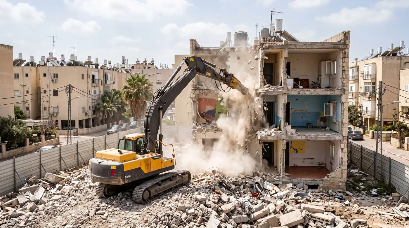 מחפרון עם פטיש הידראולי הורס בניין מגורים ישן