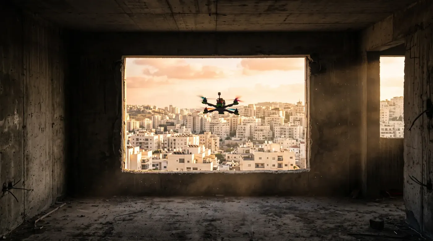 רחפן FPV עובר דרך פתח חלון בשלד הבניין