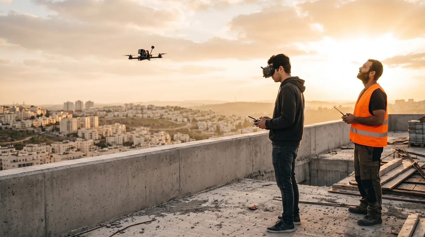 מטיס FPV עם משקפי וידאו וסייר על גג בבנייה, מאחורי מעקה בטון